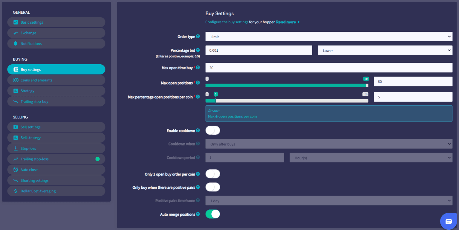 Screenshot of cryptocurrency trading bot interface with buy settings options displayed.