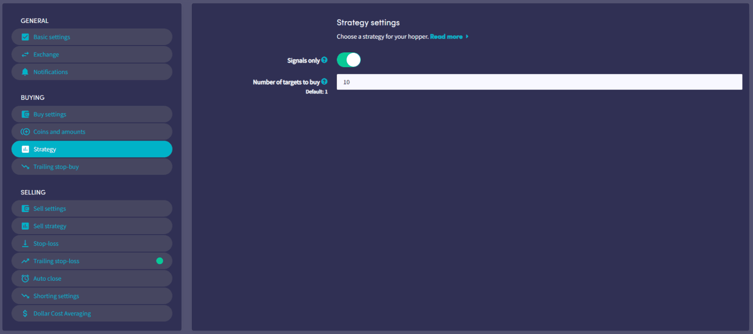 Screenshot of a cryptocurrency trading platform settings menu with strategy options.