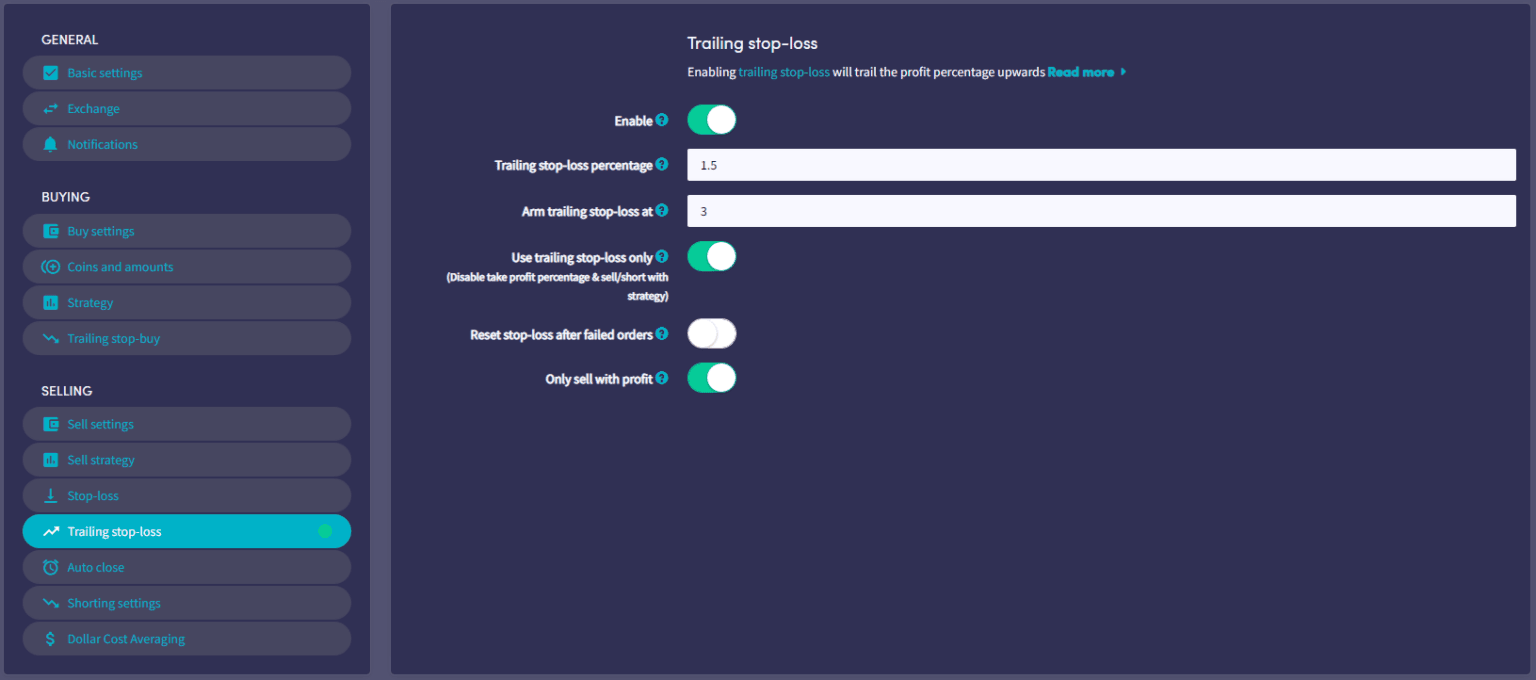 Screenshot of a trading platform's trailing stop-loss settings with toggle switches and input fields.