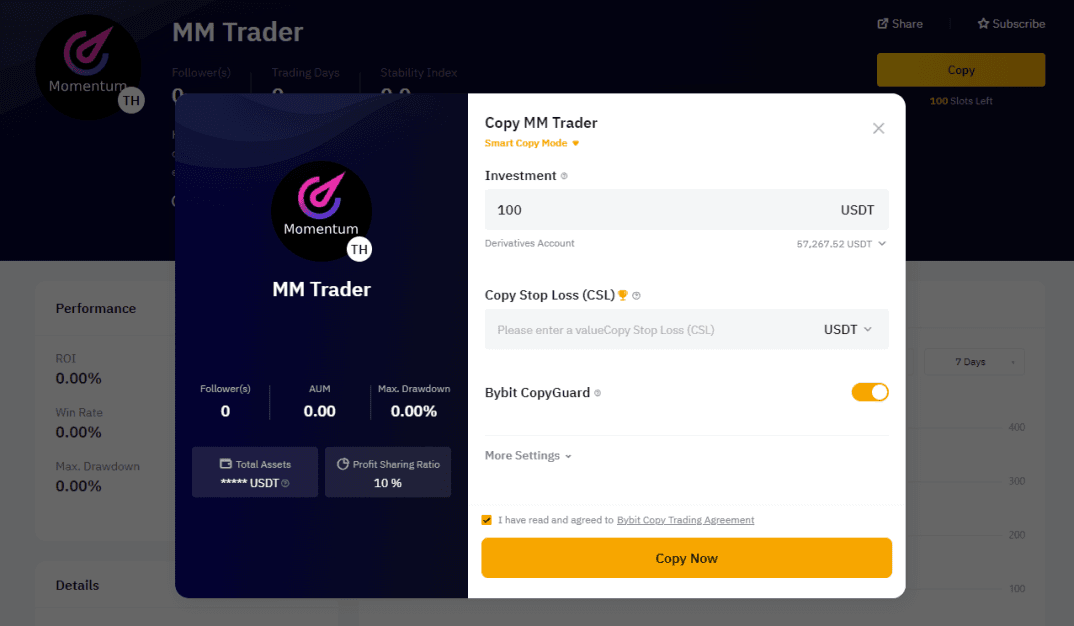 Screenshot of a cryptocurrency copy trading platform interface with settings and performance metrics.