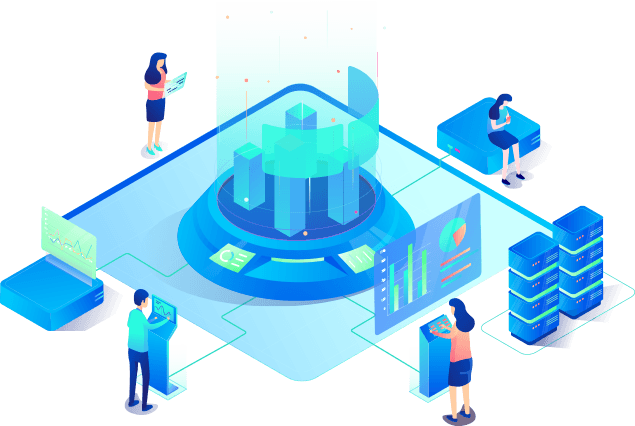 Isometric illustration of people analyzing data with charts and a 3D graph on a digital interface.