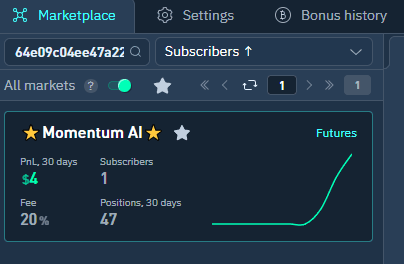Screenshot of a trading platform showing Momentum AI's performance with a rising profit graph.