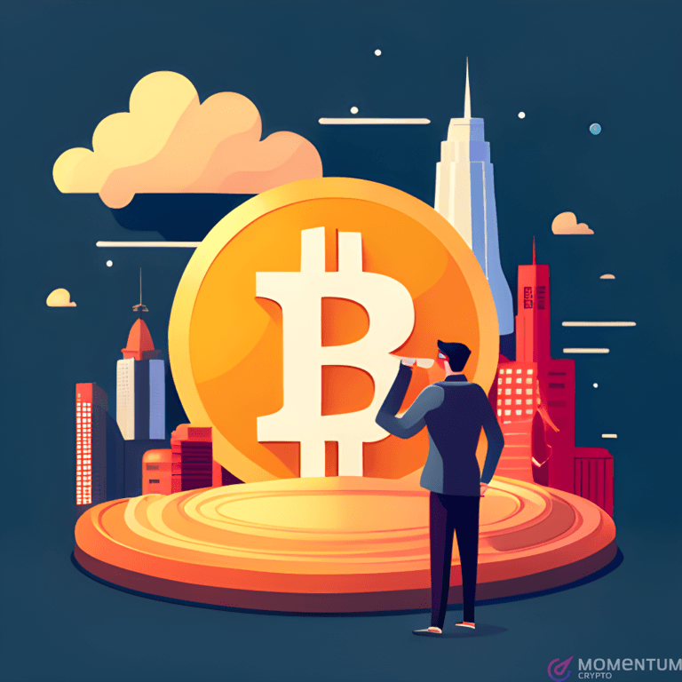 Illustration of a person observing a giant Bitcoin coin with a cityscape backdrop at night.