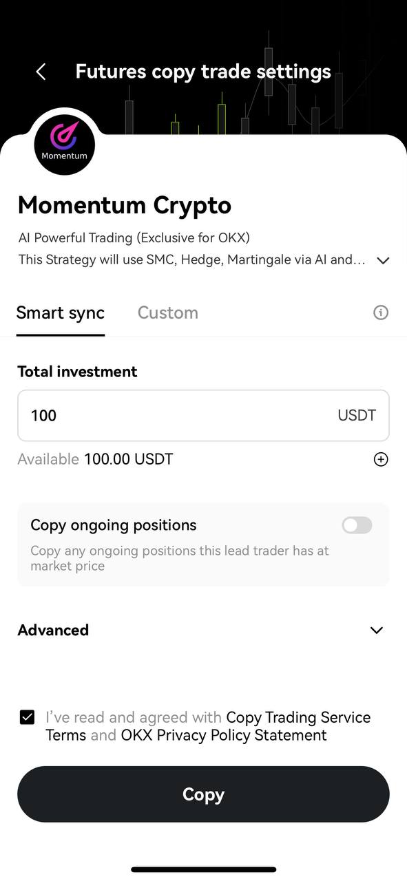Mobile app screenshot of futures copy trade settings with investment options.